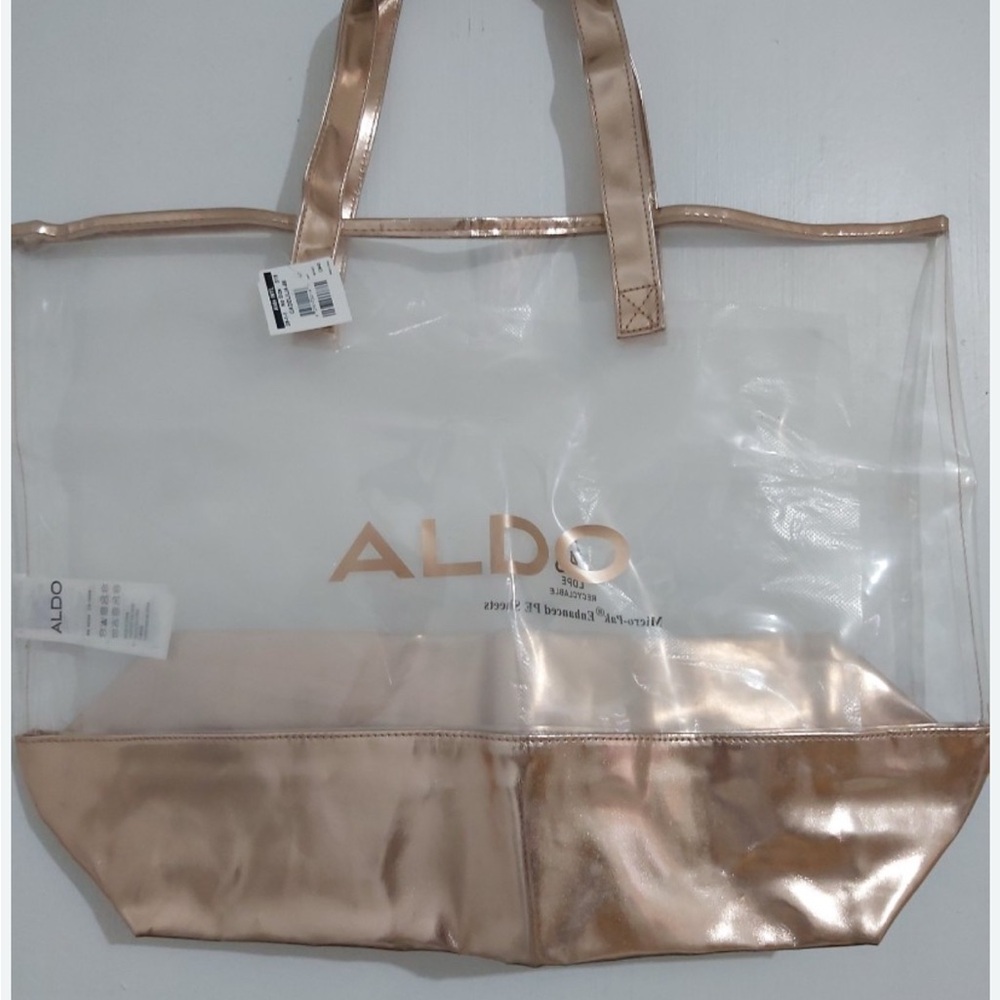 Aldo shop transparent with Metallic pink rose trim tote bag